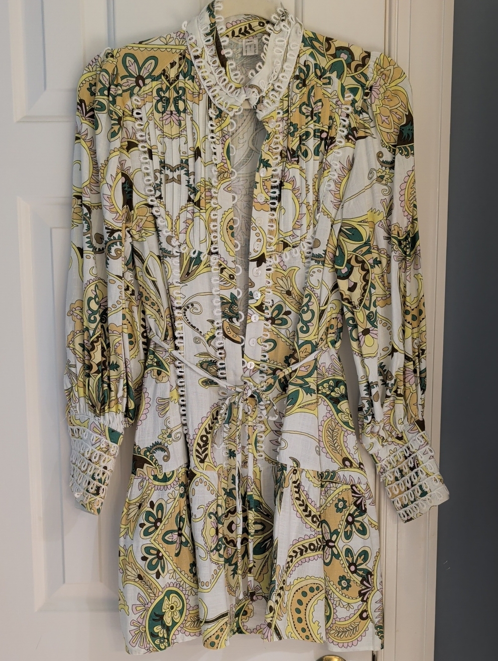 White Paisley Tie-Front Mini Dress with Yellow and Green Print